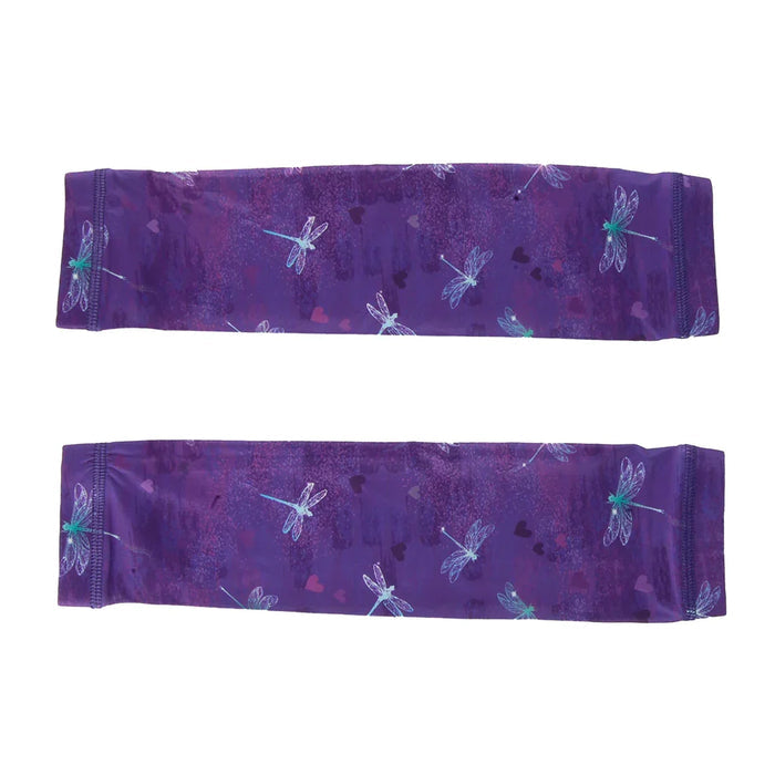 Pair of purple arm sleeves with blue and white dragonfly and small heart pattern