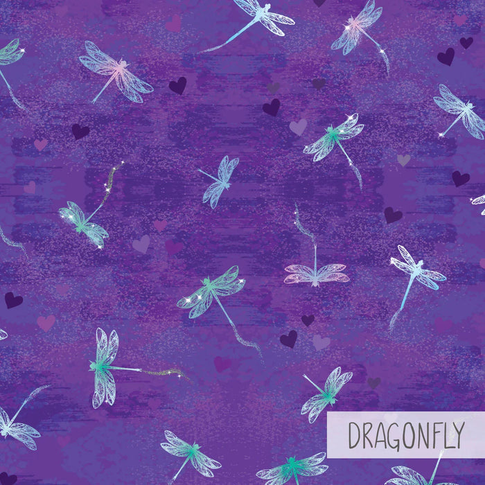 Purple textured background with blue and green dragonflies and scattered purple hearts pattern