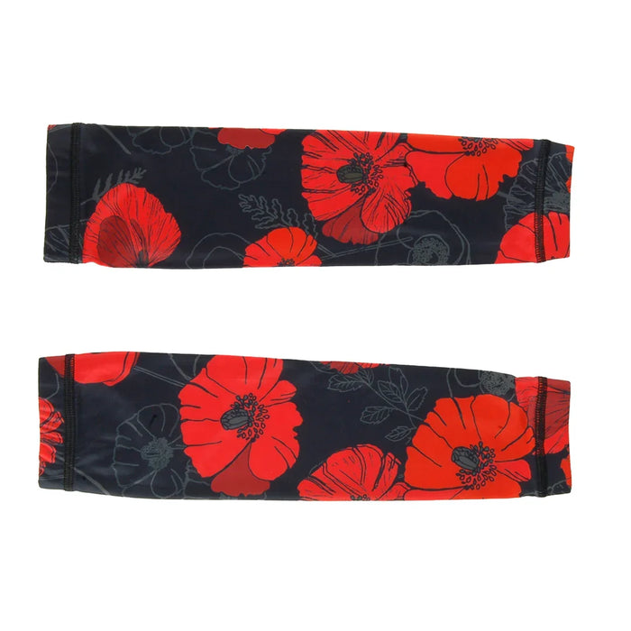 Pair of black arm sleeves with bright red poppy flower print, lightweight fabric