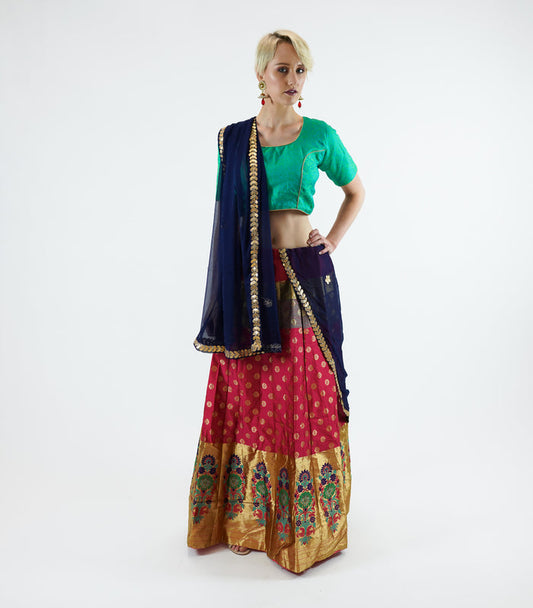 Banarasi Silk Brocade Maroon Red With Shiny ButterScotch Yellow Lehenga Skirt