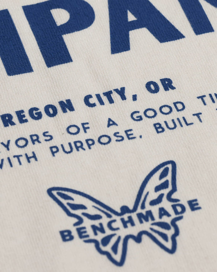 BKC Women's Oversized Fit Tee - Close-up of Oregon City slogan and butterfly logo print | Benchmade Knife Co.