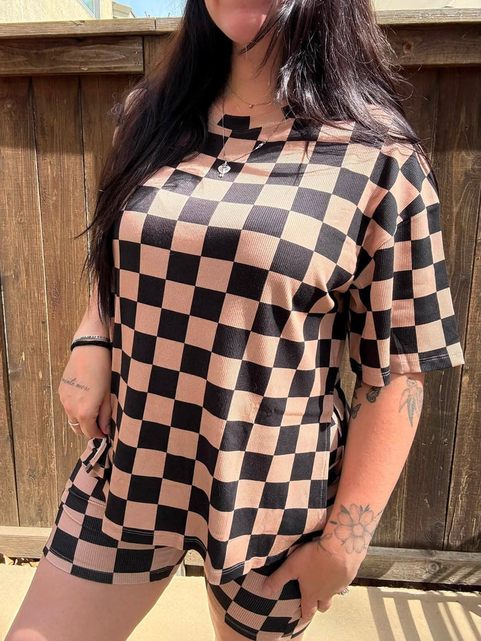 Black & Tan Checks biker short set w/ pockets
