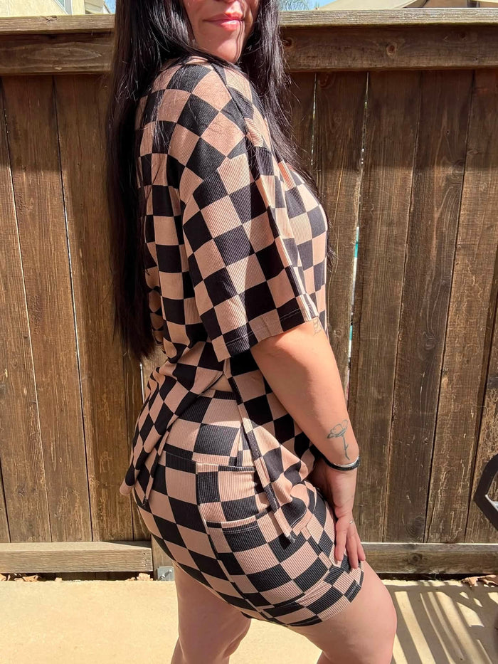 Black & Tan Checks biker short set w/ pockets