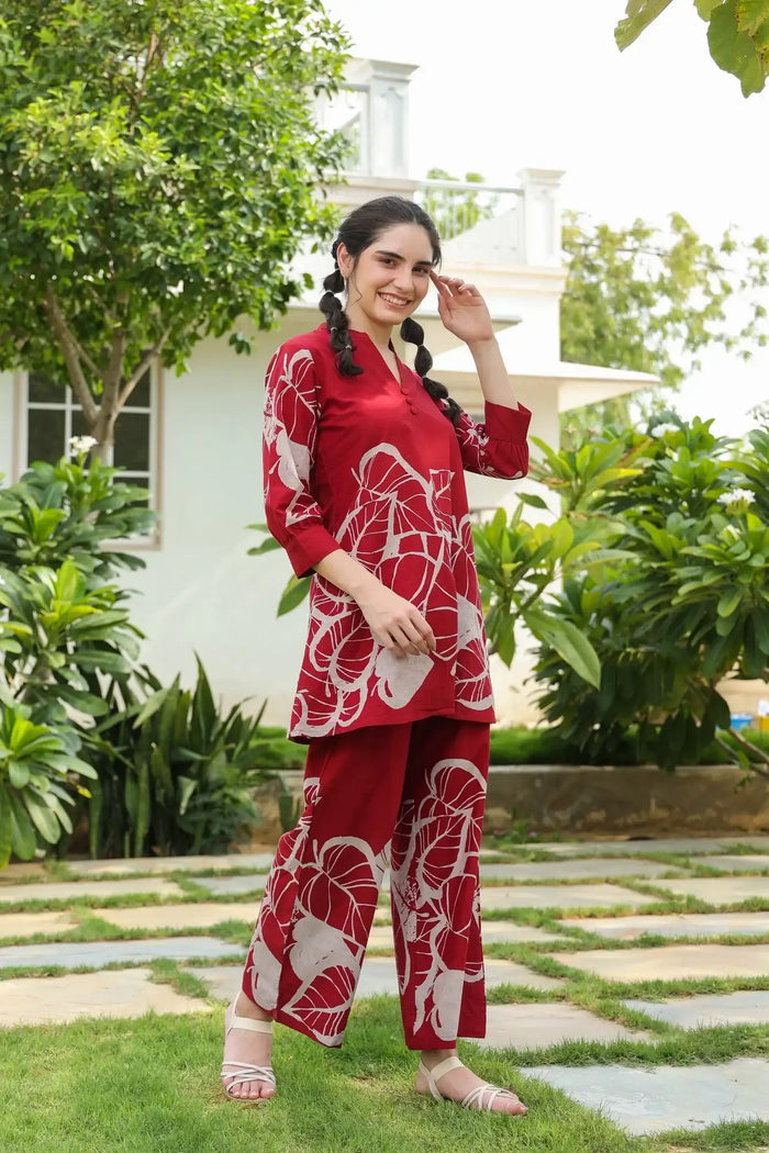 Blossoming Dawn Maroon Cotton Co-ord Set