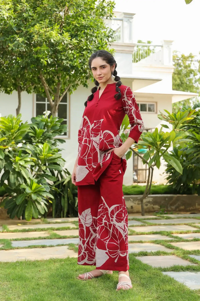 Blossoming Dawn Maroon Cotton Co-ord Set