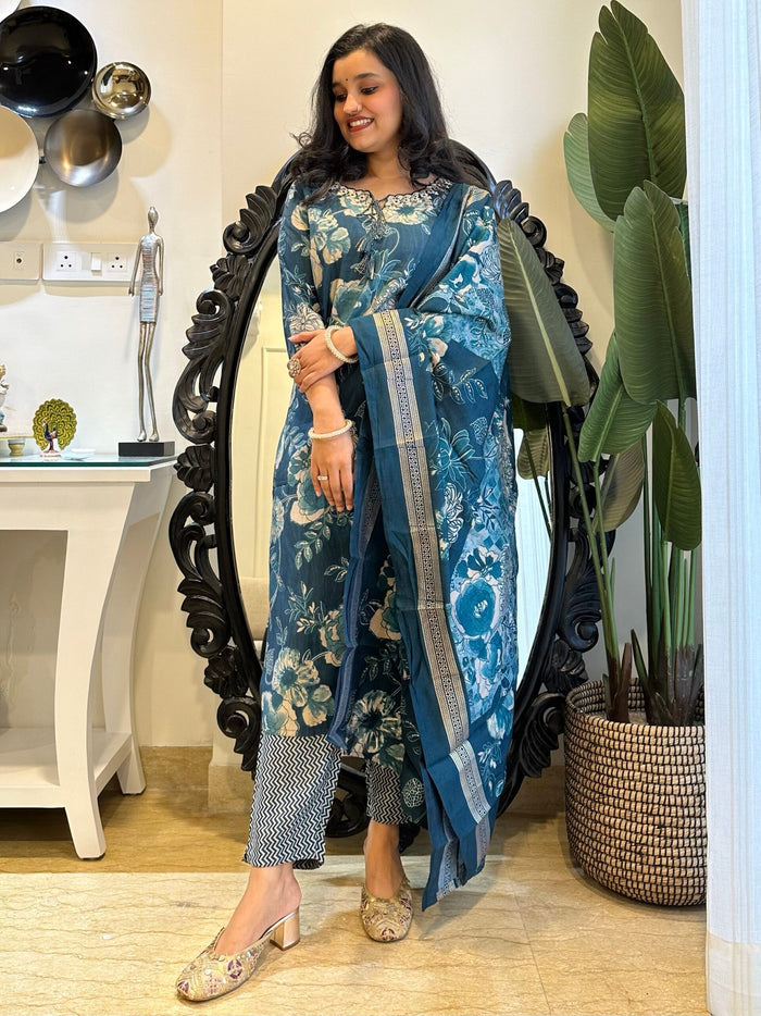 Blue Cutwork Floral Muslin Set