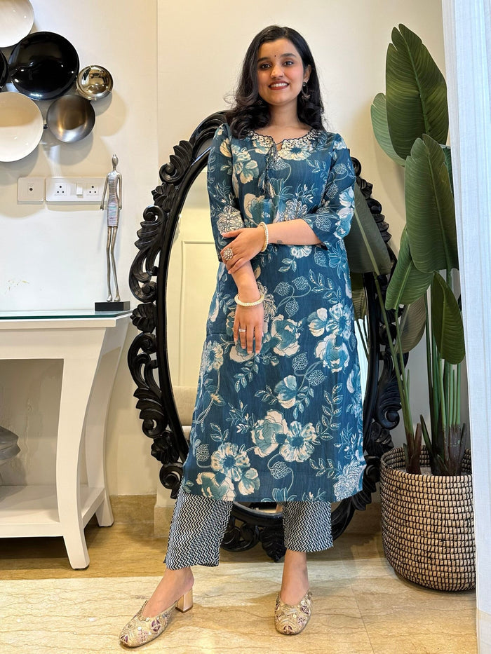 Blue Cutwork Floral Muslin Set