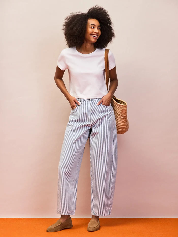 Blue stripe barrel leg jeans with mid rise and ankle length hem
