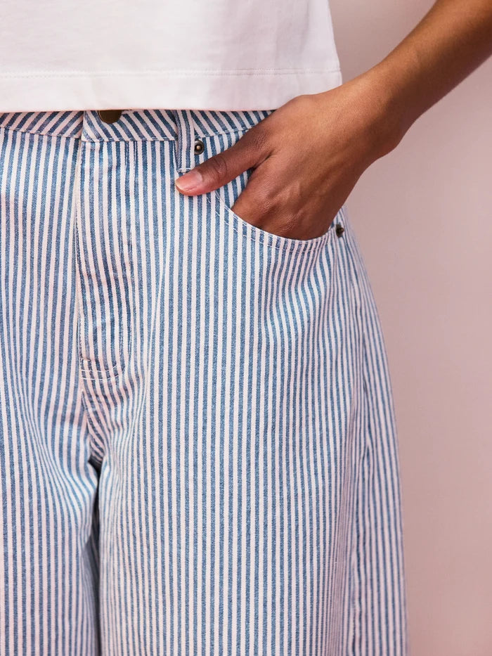 Blue and white striped barrel leg denim jeans with front and back pockets
