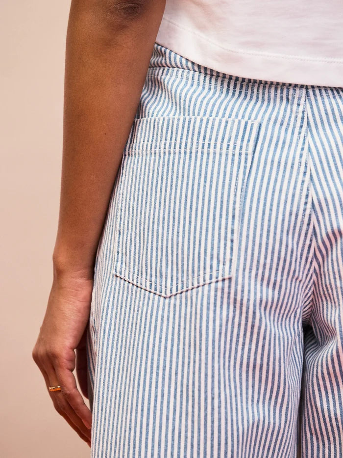 Mid rise blue stripe barrel leg jeans with relaxed fit
