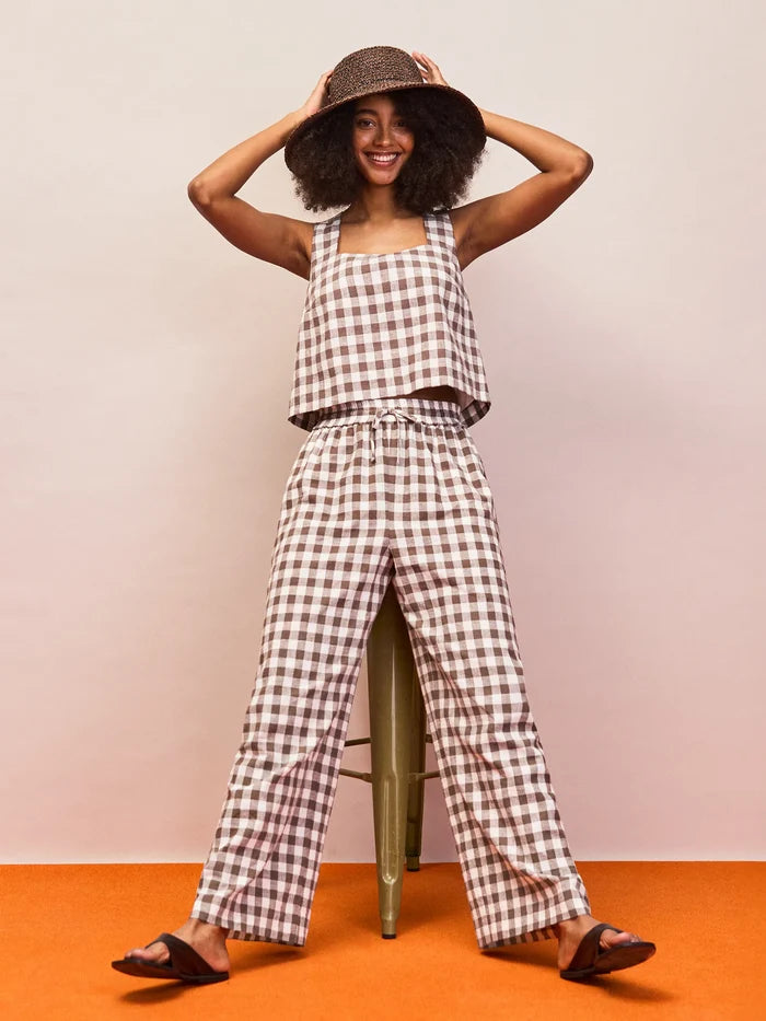 Brown gingham square neck cropped summer top