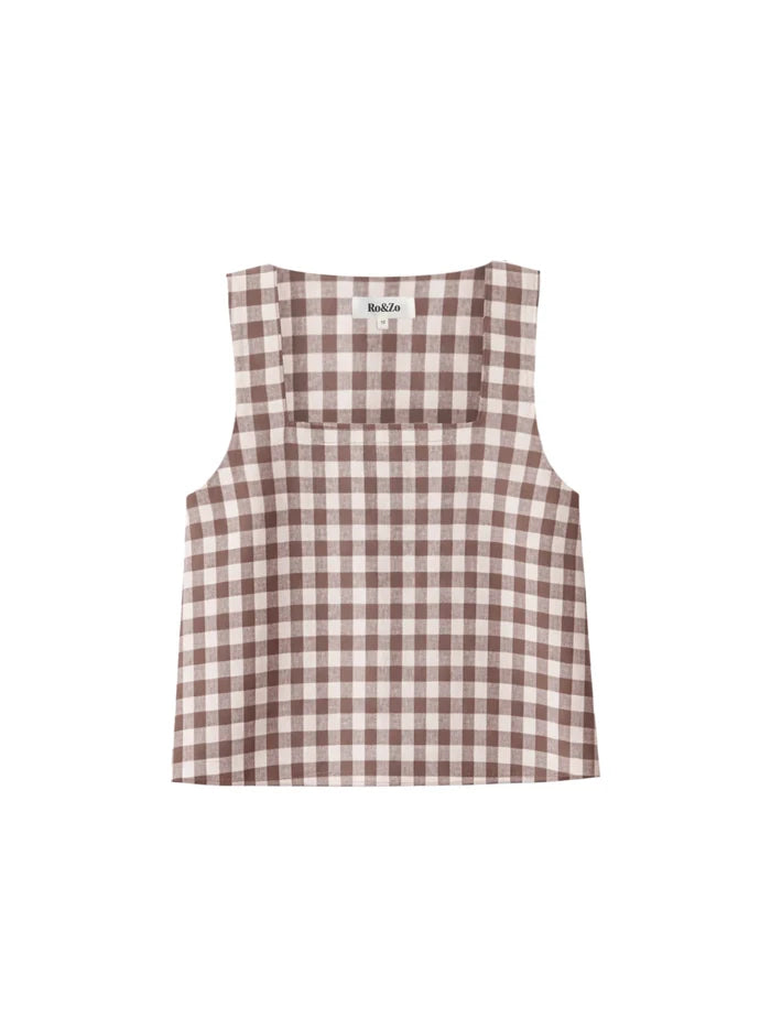 Brown check cropped square neck top in breathable linen blend