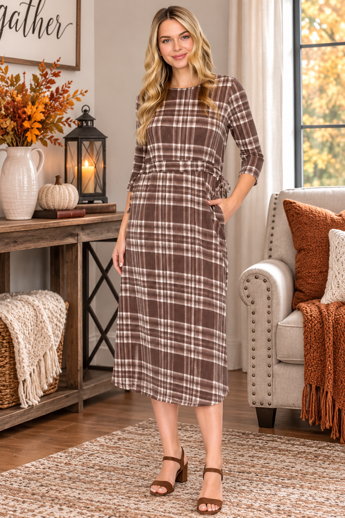 Brown Plaid Adjustable Waist Dress