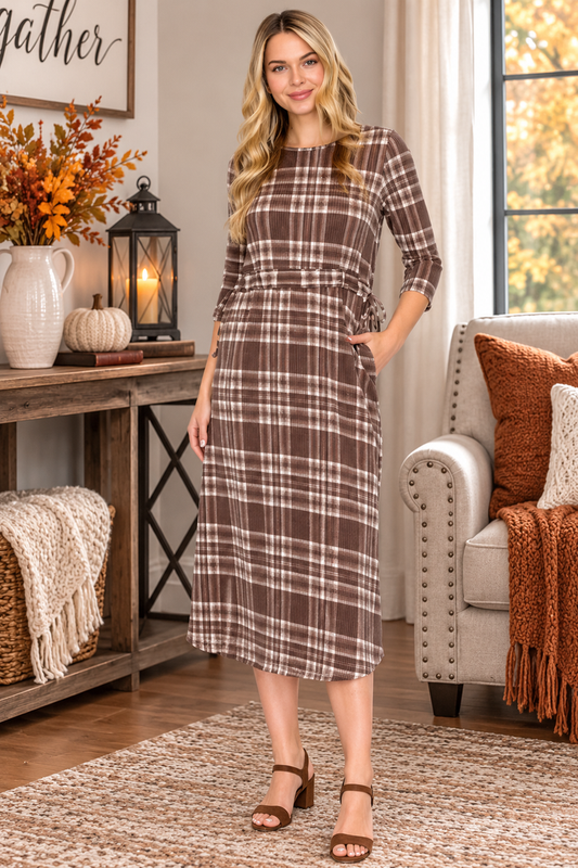 Brown Plaid Adjustable Waist Dress