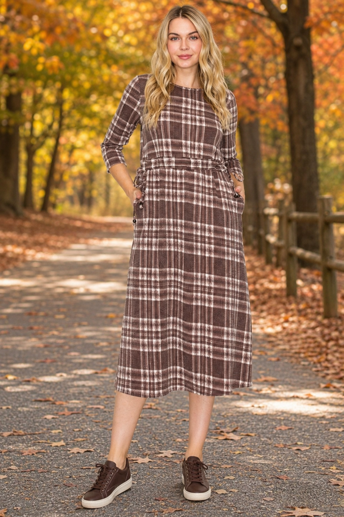 Brown Plaid Adjustable Waist Dress