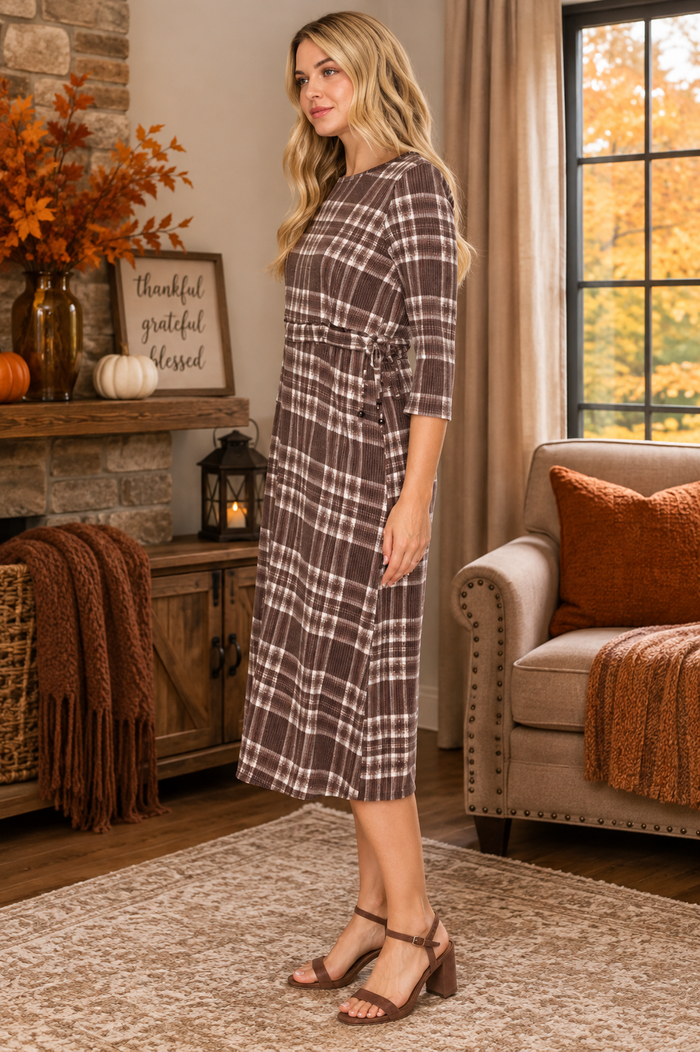 Brown Plaid Adjustable Waist Dress