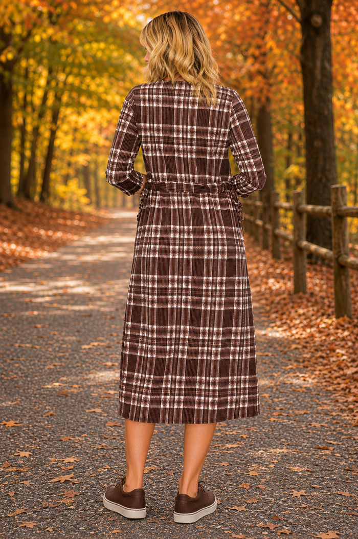 Brown Plaid Adjustable Waist Dress