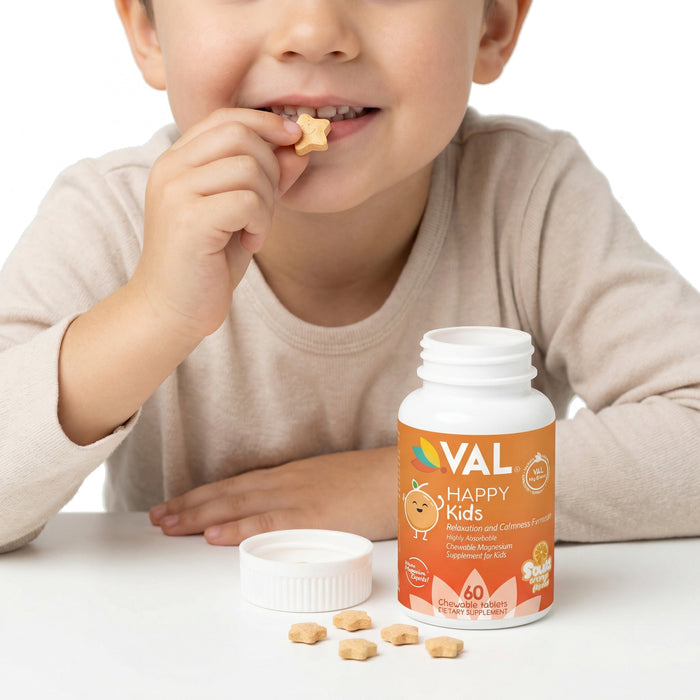 Calm, Focus & Relaxation Sugar-Free Chewable Magnesium for Kids | 60 Tablets | VAL Happy | Sour Orange