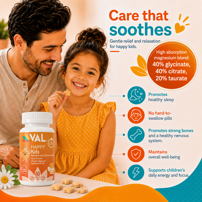 Calm, Focus & Relaxation Sugar-Free Chewable Magnesium for Kids | 60 Tablets | VAL Happy | Sour Orange