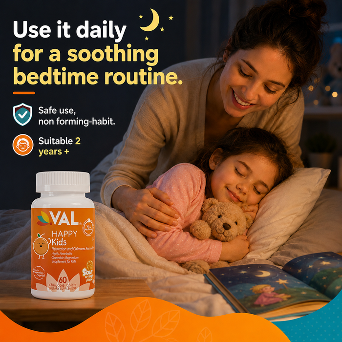 Calm, Focus & Relaxation Sugar-Free Chewable Magnesium for Kids | 60 Tablets | VAL Happy | Sour Orange