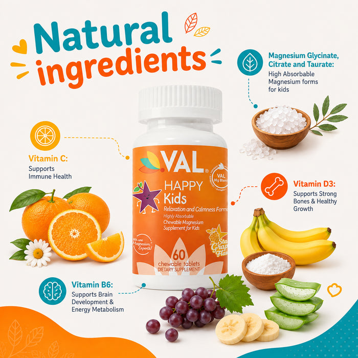 Calm, Focus & Relaxation Sugar-Free Chewable Magnesium for Kids | 60 Tablets | VAL Happy Kids | Star Grape