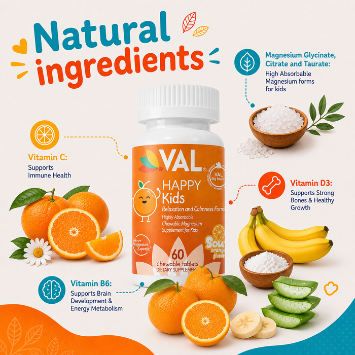 Calm, Focus & Relaxation Sugar-Free Chewable Magnesium for Kids | 60 Tablets | VAL Happy | Sour Orange