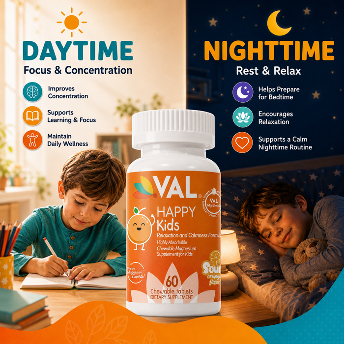 Calm, Focus & Relaxation Sugar-Free Chewable Magnesium for Kids | 60 Tablets | VAL Happy | Sour Orange