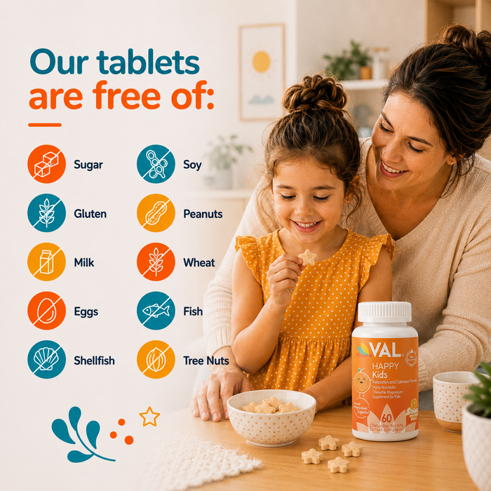 Calm, Focus & Relaxation Sugar-Free Chewable Magnesium for Kids | 60 Tablets | VAL Happy | Sour Orange
