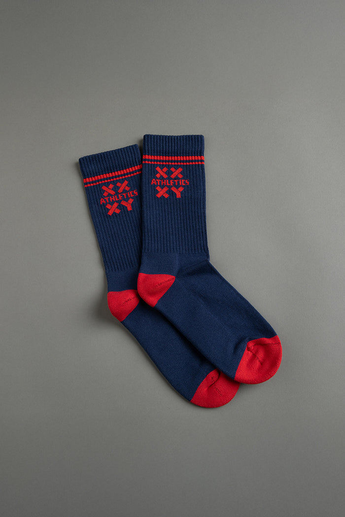 Pair of blue socks with red accents on a gray background || blue aster/red