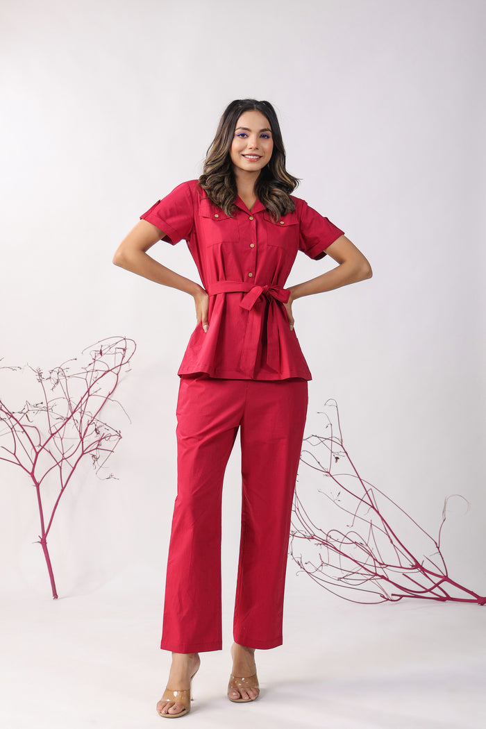 Classic Maroon Cotton Loungewear Top Set