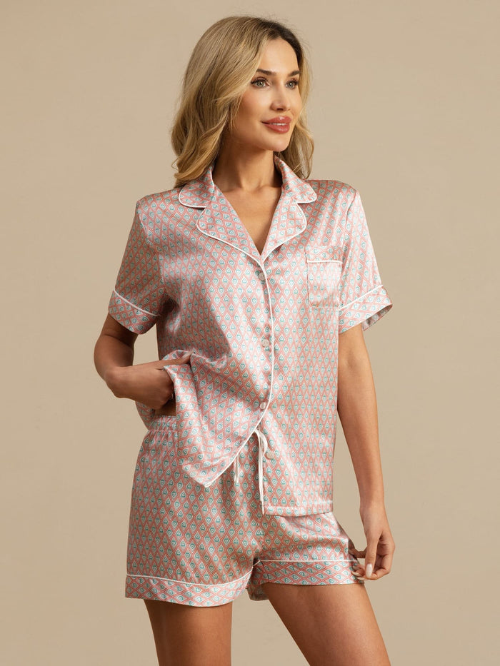 [Pink Heart Geo] SilkSilky  Short Sleeve Lapel Collar Women's Pajamas 001