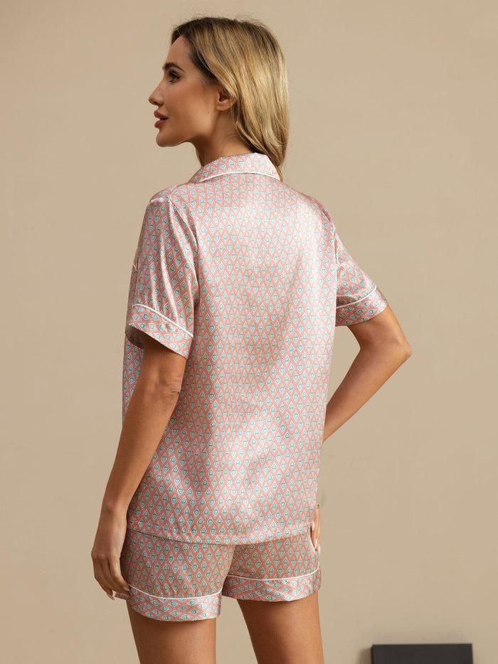 [Pink Heart Geo] SilkSilky  Short Sleeve Lapel Collar Women's Pajamas 002