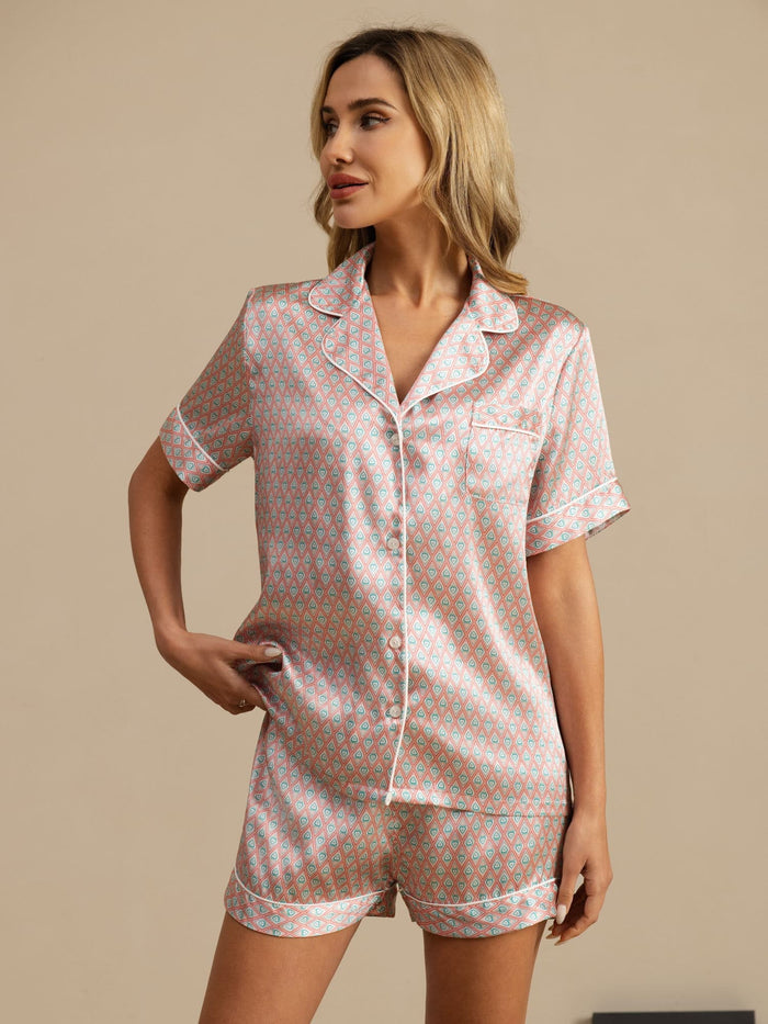 [Pink Heart Geo] SilkSilky  Short Sleeve Lapel Collar Women's Pajamas 003