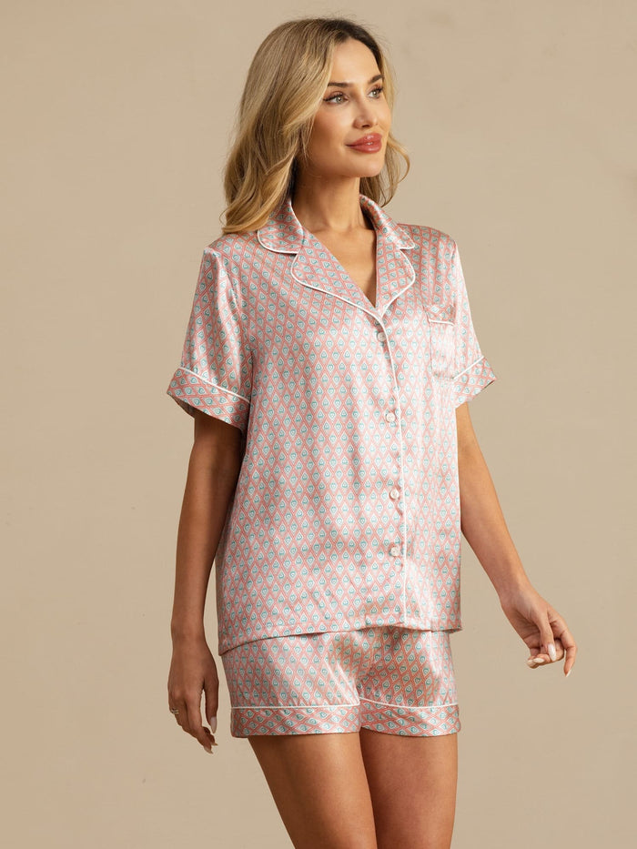 [Pink Heart Geo] SilkSilky  Short Sleeve Lapel Collar Women's Pajamas 004