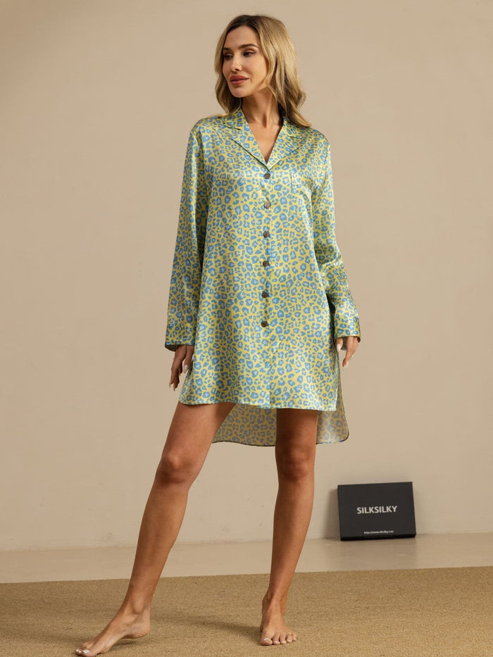 [Green Leopard] SilkSilky  Long Sleeve Notch Collar Nightshirt 001