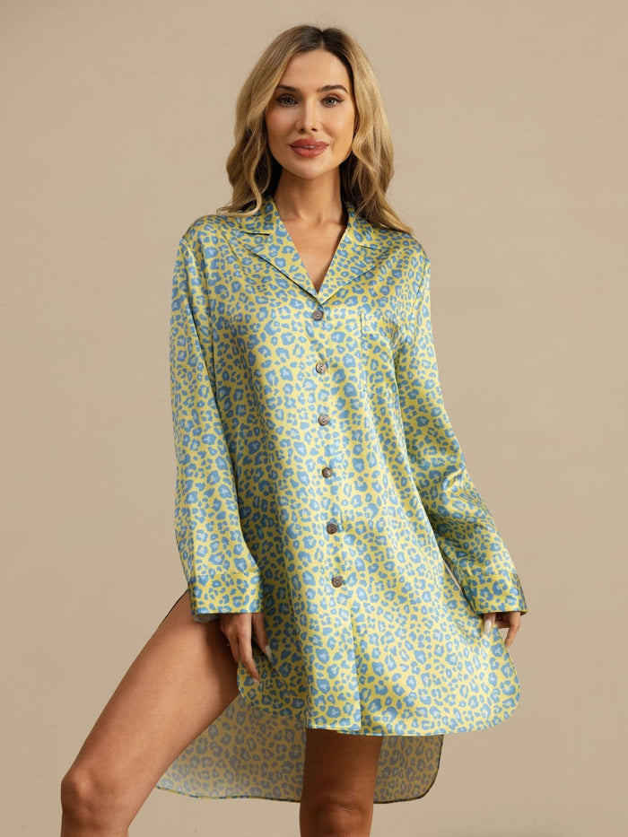 [Green Leopard] SilkSilky  Long Sleeve Notch Collar Nightshirt 003