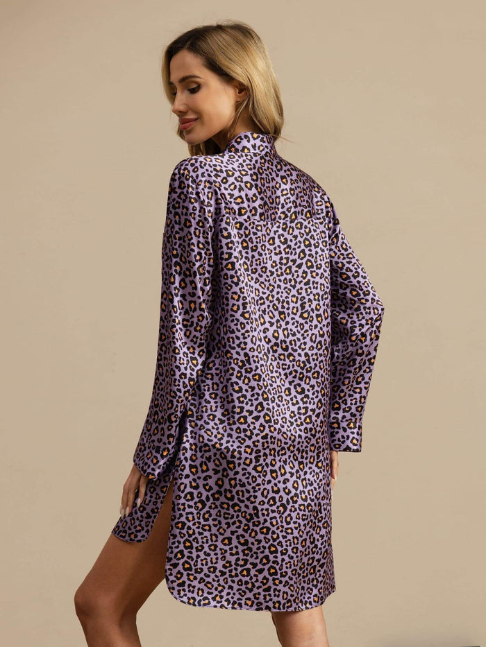 [Purple Leopard] SilkSilky  Long Sleeve Notch Collar Nightshirt 002
