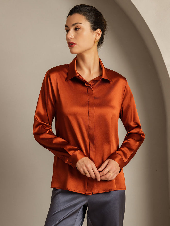 [Caramel] SilkSilky  Long Sleeve Lapel Collar Women's Shirts 001