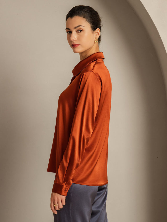 [Caramel] SilkSilky  Long Sleeve Lapel Collar Women's Shirts 002