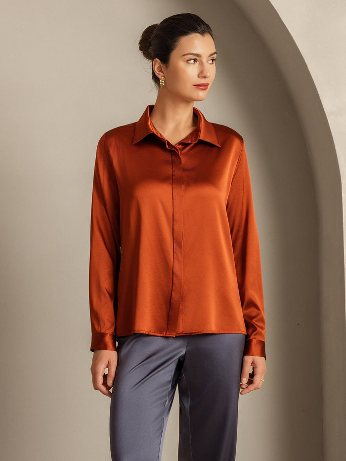 [Caramel] SilkSilky  Long Sleeve Lapel Collar Women's Shirts 005