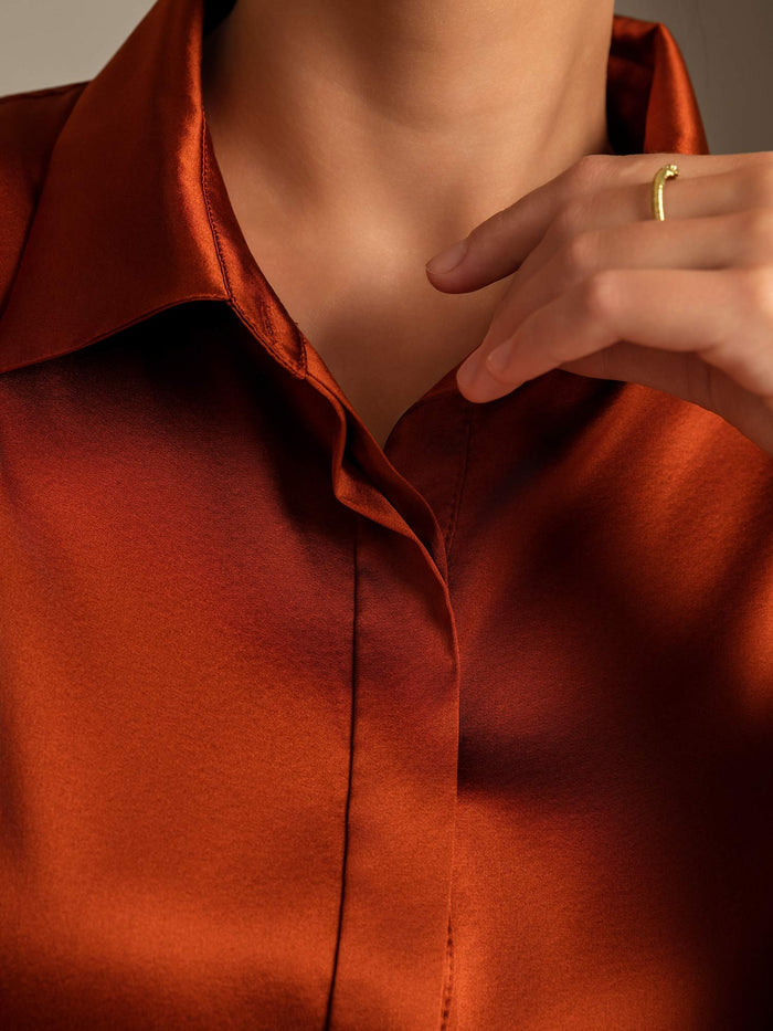 [Caramel] SilkSilky  Long Sleeve Lapel Collar Women's Shirts 006