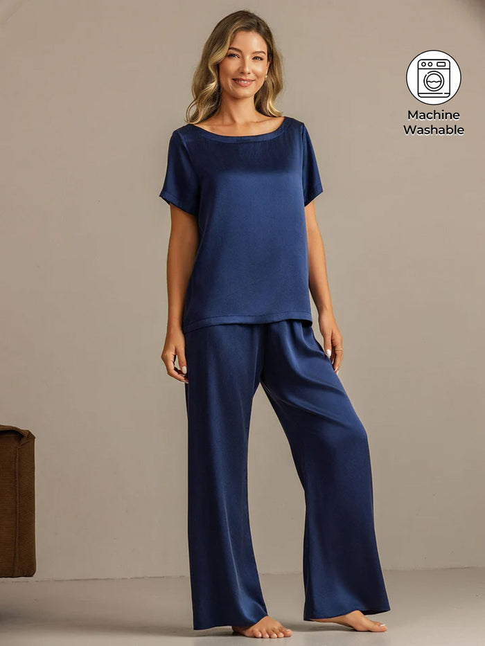 [Dark Blue] SilkSilky  Short Sleeve Round Neck Women's Pajamas 001
