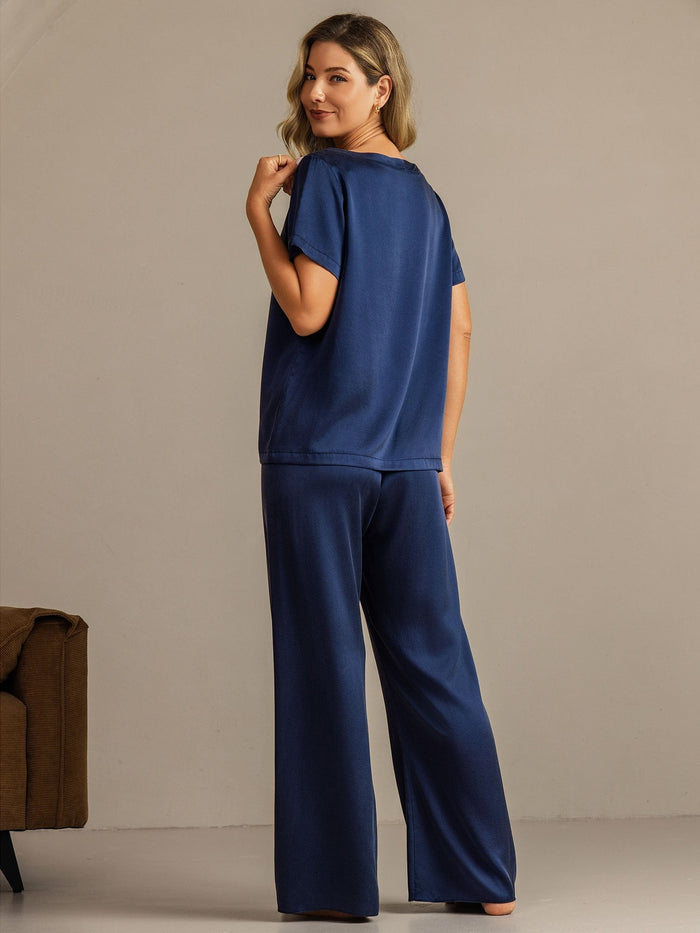 [Dark Blue] SilkSilky  Short Sleeve Round Neck Women's Pajamas 002