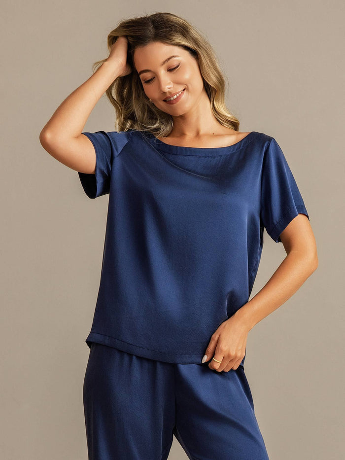 [Dark Blue] SilkSilky  Short Sleeve Round Neck Women's Pajamas 003