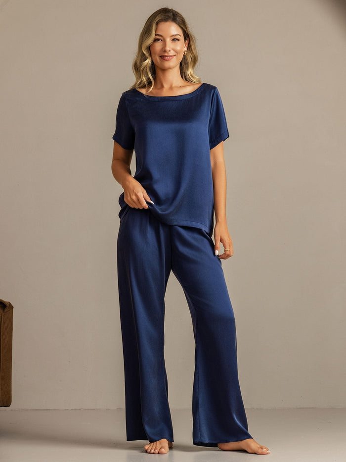 [Dark Blue] SilkSilky  Short Sleeve Round Neck Women's Pajamas 004
