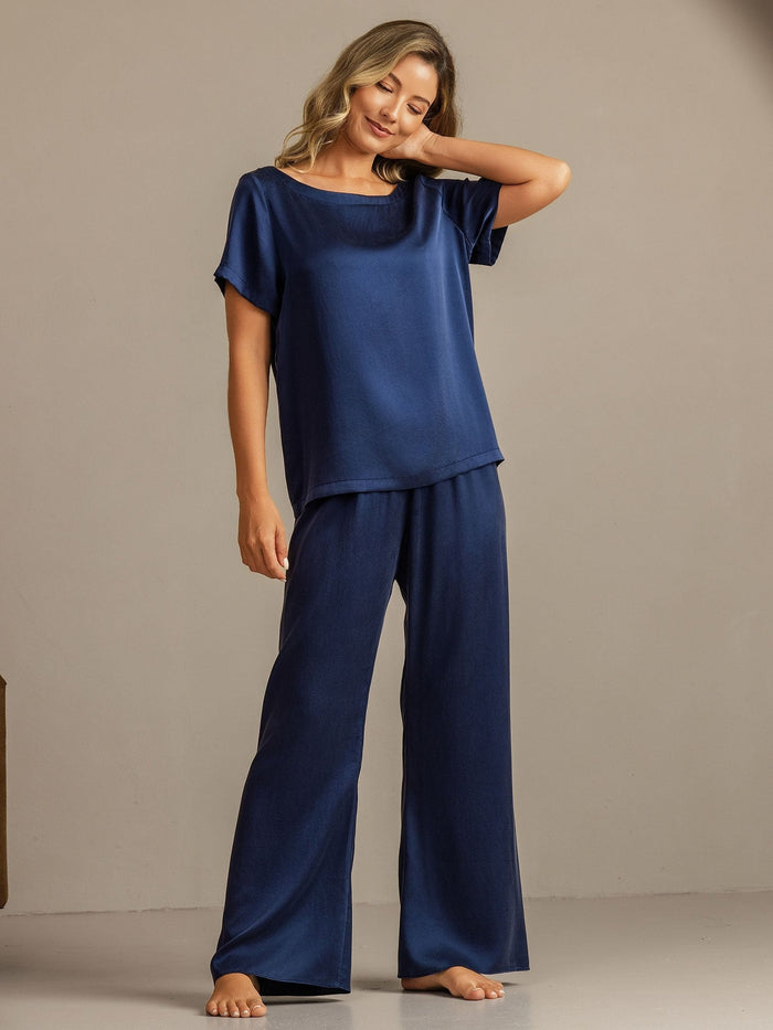 [Dark Blue] SilkSilky  Short Sleeve Round Neck Women's Pajamas 006