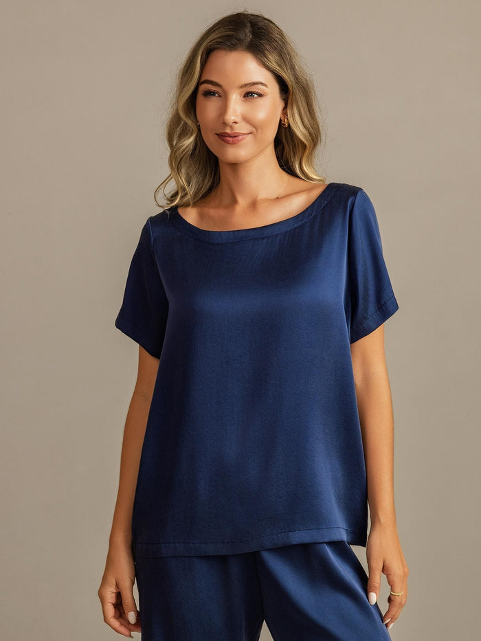 [Dark Blue] SilkSilky  Short Sleeve Round Neck Women's Pajamas 007