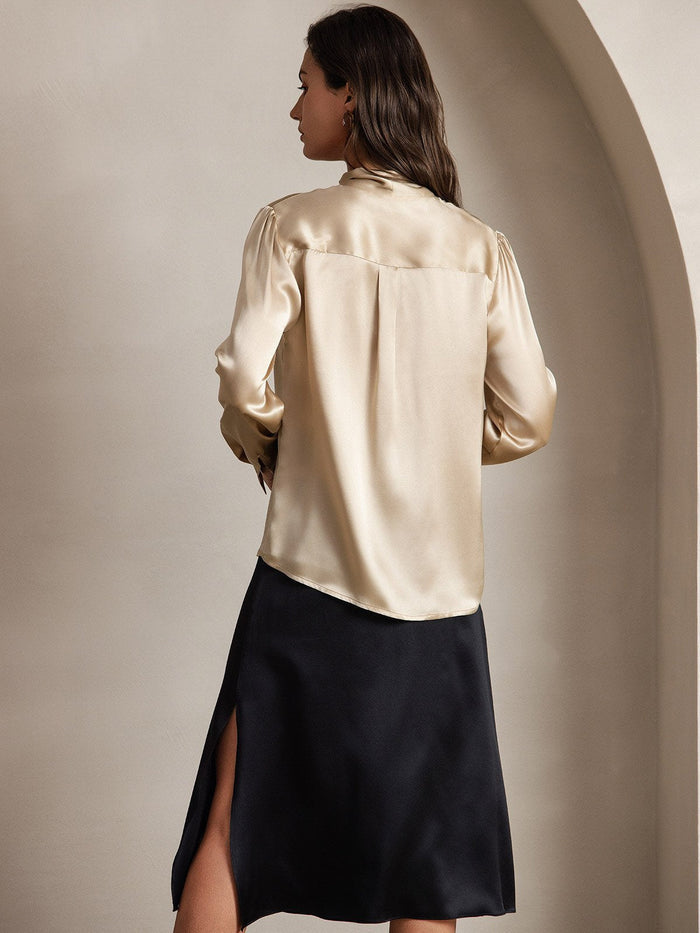 [Champagne] SilkSilky  Long Sleeve Tie Neck Women's Blouse 002
