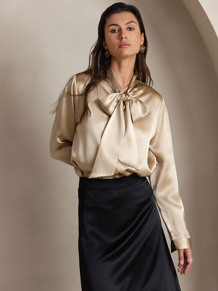 [Champagne] SilkSilky  Long Sleeve Tie Neck Women's Blouse 003
