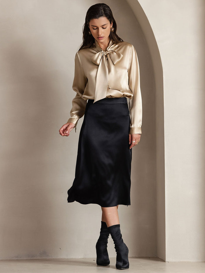 [Champagne] SilkSilky  Long Sleeve Tie Neck Women's Blouse 004